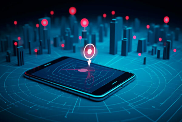 Um celular com uma cidade ao fundo para mostrar como a tecnologia rastreamento funciona