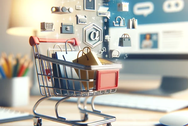 dall·e 2024 02 07 07.27.06 a photo realistic thumbnail image focusing on the theme of e commerce for small businesses, featuring a shopping cart in the foreground. the cart shou